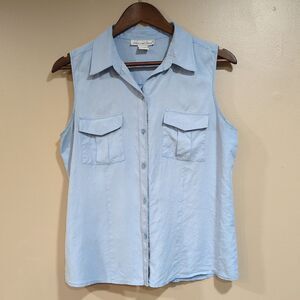 Anna & Frank Womens L 100% Silk Sleeveless Collared Blouse Blue Top Pockets
